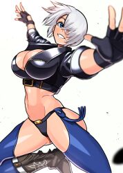 Rule 34 | 1girl, akisu k, angel (kof), backless pants, blue eyes, boots, bra, breasts, chaps, cleavage, cowboy boots, crop top, cropped jacket, fingerless gloves, gloves, hair over one eye, jacket, large breasts, leather, leather jacket, looking at viewer, midriff, navel, panties, pants, short hair, smile, snk, solo, strapless, strapless bra, the king of fighters, the king of fighters xiv, toned, underwear, white hair