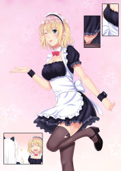 Rule 34 | 2girls, ^ ^, alternate costume, animal ears, apron, black footwear, blonde hair, blue eyes, blush, boots, breasts, cat ears, closed eyes, commentary request, dress, enmaided, fake animal ears, frills, hair between eyes, highres, leg up, long hair, long sleeves, looking at viewer, maid, maid headdress, multiple girls, one eye closed, open mouth, original, red eyes, short hair, silver hair, smile, standing, standing on one leg, thighhighs, thumbs up, waist apron, zaregoto tsukai no deshi