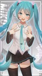 Rule 34 | 1girl, absurdres, aqua eyes, aqua hair, aqua nails, aqua necktie, bare shoulders, black skirt, black sleeves, black thighhighs, character name, commentary, cowboy shot, detached sleeves, double v, graphic equalizer, grey background, hair ornament, hatsune miku, hatsune miku (vocaloid4), headset, highres, long hair, looking at viewer, miniskirt, nail polish, necktie, open mouth, pinpo, pleated skirt, shirt, shoulder tattoo, skirt, sleeveless, sleeveless shirt, smile, solo, standing, tattoo, thighhighs, twintails, v, v4x, very long hair, vocaloid, white shirt, zettai ryouiki, zoom layer