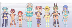 Rule 34 | 6+girls, bandeau, barefoot, blonde hair, blue footwear, blue hair, blush, boots, bra, breasts, brush, cleavage, crop top, demon girl, demon tail, earrings, closed eyes, female focus, flat chest, glasses, green hair, horns, jewelry, knee boots, large breasts, lineup, midriff, miniskirt, multiple girls, navel, one eye closed, open mouth, original, pink hair, pointy ears, purple hair, red hair, sankuma, skirt, smile, tail, thigh boots, thighhighs, underboob, underwear, wings, wink