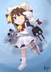 Rule 34 | 1girl, adapted turret, akashieru, animal hands, animal hat, apron, artist logo, artist name, bell, black dress, bow, bowtie, brown hair, cannon, cat hat, cat tail, chain, commentary request, cosplay, dejiko, dejiko (cosplay), di gi charat, dress, frilled dress, frills, furutaka (kancolle), gloves, glowing, glowing eye, hat, heterochromia, highres, jingle bell, kantai collection, machinery, maid apron, paw gloves, paw shoes, red bow, red bowtie, short hair, solo, tail, turret, white apron, yellow eyes