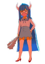 Rule 34 | 1girl, backlighting, bare legs, blue cape, blue hair, blue skirt, blunt bangs, breasts, cape, club, club (weapon), collared shirt, crowpencil, face mask, female focus, frilled skirt, frills, full body, fur-trimmed cape, fur trim, hand on own hip, high heels, holding, holding club, holding weapon, horns, legs apart, long sleeves, looking at viewer, mask, medium breasts, medium hair, multicolored hair, one piece, pink eyes, pink hair, pink mask, red footwear, ribbon, shirt, simple background, skirt, solo, spiked club, standing, tsurime, two-tone hair, ulti (one piece), v-shaped eyebrows, weapon, white background, white fur, white horns, white shirt