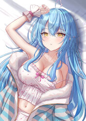 Rule 34 | 1girl, absurdres, ahoge, bare shoulders, blue hair, blush, breasts, camisole, cleavage, collarbone, colored tips, frilled camisole, frills, fur-trimmed jacket, fur trim, hair between eyes, hair ornament, heart, heart ahoge, highres, hololive, jacket, kasyu nuts392, large breasts, long hair, looking at viewer, lying, multicolored clothes, multicolored hair, multicolored jacket, navel, on back, partially unzipped, pointy ears, polka dot camisole, solo, streaked hair, striped clothes, striped jacket, two-tone jacket, virtual youtuber, white camisole, wrist cuffs, yellow eyes, yukihana lamy
