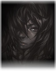 Rule 34 | 1girl, black background, border, close-up, closed mouth, dark, hair over one eye, kousaki rui, lips, looking at viewer, simple background, solo