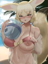 Rule 34 | 1girl, alternate breast size, animal ears, ball, beach, beachball, bikini, bikini top lift, black hair, blonde hair, blurry, blurry background, blush, bow, bow bikini, breasts, breasts apart, clothes lift, collarbone, covered erect nipples, day, extra ears, eyelashes, fennec (kemono friends), flashing, fox ears, fox girl, fox tail, grey eyes, hair between eyes, half-closed eyes, halterneck, hands up, highres, holding, holding ball, holding beachball, huge breasts, jacket, kemono friends, large areolae, large breasts, lifting own clothes, long sleeves, looking at viewer, medium hair, multicolored hair, navel, nipples, nose blush, ocean, off shoulder, open clothes, open jacket, outdoors, parted lips, sand, seductive smile, see-through, see-through jacket, shade, shibori kasu, smile, solo, stomach, sweat, swimsuit, tail, tree shade, upper body