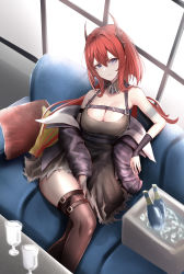 Rule 34 | 1girl, absurdres, arknights, arm support, backlighting, bare shoulders, black dress, black thighhighs, breasts, champagne bottle, coat, cooler, couch, crossed legs, cushion, demon girl, demon horns, detached collar, dress, female focus, from above, hair between eyes, head tilt, highres, horns, long hair, long sleeves, looking at viewer, off-shoulder dress, off shoulder, oversized clothes, poni (poni arknights), purple eyes, red hair, sidelocks, sitting, solo, strap, surtr (arknights), table, thighhighs, window, window shadow, zipper, zipper pull tab