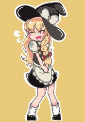 Rule 34 | 1girl, absurdres, amaoto (mizutamariaka), apron, black dress, black footwear, black hat, blonde hair, blush, bow, braid, closed eyes, dress, female focus, flying sweatdrops, full body, hair bow, hair ornament, hat, have to pee, highres, kirisame marisa, long hair, loose socks, open mouth, outline, own hands together, puffy short sleeves, puffy sleeves, red bow, shirt, shoes, short sleeves, simple background, single braid, sleeveless, sleeveless dress, socks, solo, standing, touhou, v arms, white apron, white outline, white shirt, white socks, witch hat, yellow background