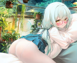Rule 34 | 1girl, ass, blush, breasts, chen bin, glasses, gradient hair, green hair, green skirt, highres, long hair, long sleeves, looking at viewer, low twintails, multicolored hair, pantyhose, shirt, skirt, small breasts, solo, twintails, white pantyhose, white shirt, yellow eyes