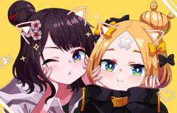 Rule 34 | 2girls, :i, abigail williams (fate), abigail williams (traveling outfit) (fate), black bow, black hair, black jacket, blonde hair, blue eyes, bow, brown bow, closed mouth, commentary request, crossed bandaids, drawn ears, eyebrows hidden by hair, face filter, fate/grand order, fate (series), grey jacket, hair bow, hair bun, hair ornament, hands on own face, hands up, heart, heroic spirit traveling outfit, highres, hood, hood down, hooded jacket, jacket, katsushika hokusai (fate), katsushika hokusai (traveling outfit) (fate), long sleeves, looking at viewer, multiple girls, official alternate costume, one eye closed, parted bangs, parted lips, polka dot, polka dot bow, simple background, single hair bun, sleeves past wrists, sparkle, tyureu, yellow background