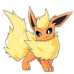 animal_focus animal_hands black_eyes creatures_(company) flareon fluffy full_body game_freak gen_1_pokemon highres looking_at_viewer neck_fur nintendo no_humans orange_fur otyappa_tyabatyaba pokemon pokemon_(creature) simple_background solo standing white_background yellow_fur