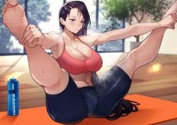 Rule 34 | 1girl, absurdres, bare shoulders, barefoot, bike shorts, bottle, bow, breasts, cleavage, commentary, exercising, feet, highres, large bow, large breasts, long hair, looking at viewer, mature female, midriff, original, purple eyes, purple hair, solo, spread legs, steam, sweat, tank top, thighs, toes, very long hair, water bottle, yoshio (55level)