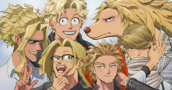 Rule 34 | 6+boys, :d, absurdres, animal nose, best jeanist, blonde hair, blue eyes, boku no hero academia, bracelet, character request, color connection, commentary, earrings, english commentary, facial hair, fat gum (boku no hero academia), green eyes, hair color connection, hair over one eye, hand on own chin, hand up, hawks (boku no hero academia), highres, jewelry, long hair, male focus, messy hair, multiple boys, mustache, open mouth, present mic, red meat sauce, scarf, sideburns, simple background, smile, stud earrings, upper body, wavy hair, white scarf, yagi toshinori, yellow eyes, zipper