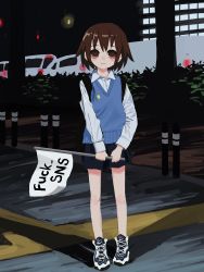 Rule 34 | 1girl, absurdres, black skirt, blue vest, blush stickers, brown eyes, brown hair, closed mouth, collared shirt, gishiki (gshk), highres, holding, kill me baby, long sleeves, looking at viewer, miniskirt, oribe yasuna, outdoors, shirt, shoes, short hair, sign, skirt, smile, solo, vest, white shirt, wing collar