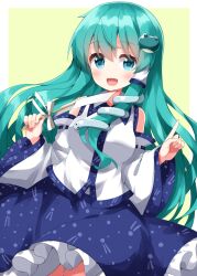 Rule 34 | 1girl, blue skirt, collared shirt, detached sleeves, frilled skirt, frills, frog hair ornament, green eyes, green hair, hair ornament, highres, index finger raised, kochiya sanae, long hair, looking at viewer, nontraditional miko, one-hour drawing challenge, ruu (tksymkw), shirt, single hair tube, single sidelock, skirt, sleeveless, snake hair ornament, solo, touhou, very long hair, white shirt, white sleeves