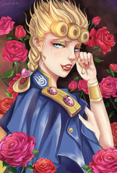 Rule 34 | 1boy, 1girl, bad id, bad pixiv id, blonde hair, blue eyes, braid, earrings, eyebrows, eyelashes, fang, flower, from side, genderswap, genderswap (mtf), giorno giovanna, grin, hair ornament, heart, heart hair ornament, jacket, jacket on shoulders, jewelry, jojo no kimyou na bouken, lip piercing, lipstick, looking at viewer, makeup, mole, mole under eye, mw, nail polish, piercing, red lips, red nails, rose, signature, single braid, smile, solo, upper body, vento aureo, wrist cuffs