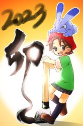 Rule 34 | 1girl, 2023, :d, adeleine, akujikioh, animal, animal on head, backlighting, beret, black hair, black skirt, brown footwear, chinese zodiac, green shirt, hair ornament, hairclip, hat, highres, holding, holding paintbrush, kirby (series), kirby 64, kirby and the forgotten land, looking at viewer, nintendo, on head, open mouth, orange background, paint, paintbrush, purple eyes, rabiroo, shirt, shoes, short hair, skirt, smile, socks, sun, year of the rabbit