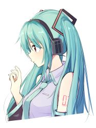 Rule 34 | 1girl, alternate eye color, blue hair, detached sleeves, from side, hatsune miku, headphones, highres, kazenoko, long hair, necktie, red eyes, shirt, simple background, solo, twintails, upper body, vocaloid, white background