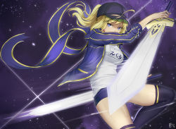 Rule 34 | 1girl, ahoge, artoria pendragon (all), artoria pendragon (fate), black hat, black shorts, black thighhighs, blonde hair, blue eyes, blue jacket, blue scarf, dual wielding, fate/grand order, fate (series), gym uniform, hat, highres, holding, jacket, kakekcaboel, looking at viewer, mysterious heroine x (fate), ponytail, rojiura satsuki : chapter heroine sanctuary, saber (fate), scarf, shirt, shorts, sleeves rolled up, solo, sword, thighhighs, track jacket, translation request, weapon, white shirt