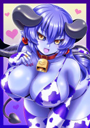 Rule 34 | 1girl, animal print, astaroth (shinrabanshou), bell, bikini, black horns, black sclera, blue hair, blue skin, breasts, bridal gauntlets, cleavage, collar, colored sclera, colored skin, commentary request, cow print, demon girl, demon horns, demon tail, elbow gloves, fang, gloves, heart, horns, kittan (cve27426), large breasts, long hair, looking at viewer, nail polish, neck bell, open mouth, pink nails, shinrabanshou, solo, swimsuit, tail, thighhighs, yellow eyes