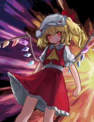 Rule 34 | 1girl, ai-assisted, ascot, backlighting, blonde hair, blurry, blurry background, bright pupils, explosion, eyebrows hidden by hair, fang, fang out, feet out of frame, flandre scarlet, hat, highres, looking at viewer, mob cap, red eyes, red skirt, red vest, short sleeves, skin fang, skirt, solo, touhou, vest, white hat, wings, yellow ascot, zakozako y