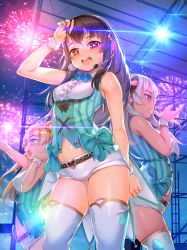 Rule 34 | 3girls, aerial fireworks, belt, blonde hair, blue eyes, blush, boots, breasts, brown hair, buckle, fireworks, from below, furyou michi ~gang road~, green eyes, headphones, headset, heart, heart-shaped buckle, heart belt, highres, idol, jairou, long hair, looking at viewer, medium breasts, multiple girls, navel, night, night sky, official art, open mouth, outdoors, parted lips, red eyes, shirt, short shorts, shorts, sky, sleeveless, sleeveless shirt, small breasts, smile, star-shaped pupils, star (symbol), symbol-shaped pupils, thigh boots, thighhighs