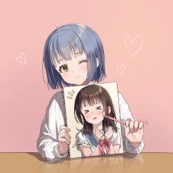 Rule 34 | &gt; &lt;, 2girls, ;3, blue hair, blue sailor collar, blush, bound, bound wrists, brown hair, closed eyes, closed mouth, commentary request, haneru, haori haruki, heart, highres, himino seika, himitsu no jugyou, holding, holding pencil, long sleeves, multiple girls, notepad, notice lines, one eye closed, open mouth, pencil, pink background, sailor collar, school uniform, serafuku, shirt, short sleeves, signature, simple background, tears, wavy mouth, white shirt, yellow eyes, yuri