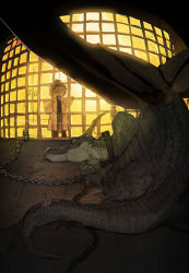 Rule 34 | 1girl, backlighting, bars, black hair, bone, chain, chained, chain, clipboard, commentary, dark, dark skin, demizu posuka, door, dragon, eye contact, fisheye, from behind, frown, high ponytail, highres, indoors, lab coat, looking at another, lying, original, sketch