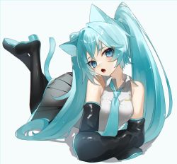 Rule 34 | 1girl, animal ears, bare shoulders, black thighhighs, blue eyes, blue hair, blue necktie, boots, breasts, cat, cat ears, cat girl, cat tail, collared shirt, detached sleeves, full body, hair ornament, hatsune miku, highres, long hair, looking at viewer, necktie, open mouth, reirou (chokoonnpu), shirt, simple background, skirt, sleeveless, solo, tail, thigh boots, thighhighs, twintails, very long hair, vocaloid, white background