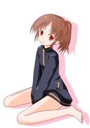 Rule 34 | 1girl, bare legs, barefoot, brown hair, female focus, full body, jacket, long sleeves, naked jacket, saki (manga), solo, takakamo shizuno, track jacket