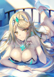 Rule 34 | 1girl, ass, bare shoulders, bed, blonde hair, blush, breast press, breasts, chromatic aberration, circlet, cleavage, cleavage cutout, clothing cutout, day, gem, gold trim, high heels, highres, indoors, inoue takuya (tactactak), large breasts, long hair, looking at viewer, lying, mythra (radiant beach) (xenoblade), mythra (xenoblade), neon trim, nintendo, on stomach, one-piece swimsuit, orange eyes, shiny skin, simple background, smile, solo, strapless, strapless one-piece swimsuit, swimsuit, tiara, xenoblade chronicles (series), xenoblade chronicles 2, yellow eyes