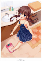 Rule 34 | 1girl, absurdres, barefoot, bathroom, bathroom scale, blue eyes, blush, brown hair, collarbone, dress, feet, fujieda uzuki, highres, long hair, open mouth, original, pointing, scan, solo, striped clothes, striped dress, twintails, weighing scale