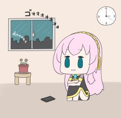 Rule 34 | 1girl, :i, absurdres, aqua eyes, arms on knees, black shirt, black skirt, blouse, cellphone, clock, commentary, crossed arms, flat color, flower, gold trim, hatsune negame, headphones, highres, indoors, knees up, long hair, megurine luka, night, no legwear, phone, pink hair, plant, potted plant, rain, shirt, short sleeves, side slit, sitting, skirt, smartphone, solid oval eyes, solo, table, translated, very long hair, vocaloid, wall clock, window, yellow flower