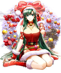 Rule 34 | 1girl, absurdres, bell, belt, boots, bow, choker, christmas ornaments, closed mouth, delsaber, dress, earrings, fingerless gloves, fire emblem, fire emblem: the blazing blade, fur trim, gloves, green eyes, green hair, hat, highres, jewelry, long hair, lyn (fire emblem), nintendo, pom pom (clothes), ponytail, red gloves, red hat, santa costume, santa hat, sitting, smile, solo