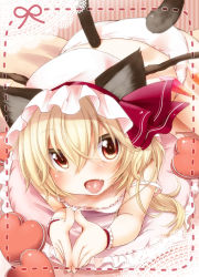 Rule 34 | 1girl, all fours, animal ears, bad id, bad pixiv id, blonde hair, blush, cat ears, cat girl, cat tail, dotted line, fang, female focus, flandre scarlet, hat, hat ribbon, heart, kemonomimi mode, open mouth, panties, red eyes, ribbon, solo, strap slip, tail, embodiment of scarlet devil, tongue, tongue out, touhou, undershirt, underwear, underwear only, white panties, wrist cuffs, yukiu con