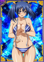 Rule 34 | 00s, 1girl, bashoku youjou, bikini, blue hair, breasts, card (medium), cleavage, curvy, female focus, hair ornament, ikkitousen, large breasts, legs, looking at viewer, navel, purple eyes, short twintails, smile, solo, standing, swimsuit, twintails