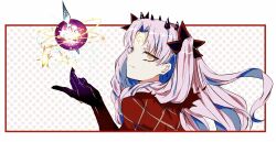 Rule 34 | 1girl, black gloves, black horns, border, cloak, colored inner hair, crescent, crescent facial mark, expressionless, facial mark, fate/grand order, fate (series), forehead mark, from side, fur-trimmed cloak, fur trim, gloves, horns, ishtar (fate), looking at viewer, multicolored hair, nebula, parted bangs, pink hair, polka dot, polka dot background, portrait, red border, red cloak, sodamachi, solo, space ishtar (fate), star-shaped pupils, star (symbol), symbol-shaped pupils, two-tone hair, two side up, yellow eyes