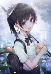 Rule 34 | 1girl, :d, bag, black bow, black bowtie, black hair, black skirt, blouse, blue eyes, blue flower, blue ribbon, blurry, blush, bow, bowtie, charm (object), collared shirt, commentary, depth of field, dress shirt, flower, from above, from side, hair ribbon, highres, holding, holding umbrella, huwari (dnwls3010), hydrangea, leaf, long hair, looking at viewer, open mouth, original, outdoors, pleated skirt, ponytail, rain, reflection, ribbon, school bag, school uniform, shirt, shirt tucked in, short sleeves, shoulder bag, sideways glance, skirt, smile, snail, solo, standing, teeth, transparent, transparent umbrella, tree, twitter username, umbrella, upper teeth only, water drop, white shirt