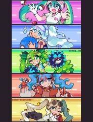 Rule 34 | artsy vii, creatures (company), electric miku (project voltage), fire miku (project voltage), game freak, grass miku (project voltage), hatsune miku, highres, nintendo, official alternate costume, pixel art, poke ball, poke ball (basic), pokemon, project voltage, psychic miku (project voltage), twintails, vocaloid, water miku (project voltage)
