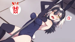 Rule 34 | 1girl, alternate costume, anger vein, animal ears, between breasts, black gloves, black thighhighs, blonde hair, blue leotard, body blush, breasts, command spell, covered erect nipples, covered navel, dutch angle, elbow gloves, fake animal ears, fake tail, fate/grand order, fate (series), fur collar, gloves, headpiece, index finger raised, jeanne d&#039;arc (fate), jeanne d&#039;arc alter (avenger) (fate), jeanne d&#039;arc alter (fate), leotard, looking at viewer, maze (gochama ze gohan), medium breasts, playboy bunny, pole, pole dancing, rabbit ears, rabbit tail, short hair, solo, speech bubble, spoken anger vein, strapless, strapless leotard, stripper pole, tail, thighhighs, yellow eyes
