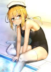 Rule 34 | black one-piece swimsuit, blonde hair, blue eyes, breasts, day, glasses, hat, i-8 (kancolle), indoors, kantai collection, low twintails, medium breasts, one-piece swimsuit, peaked cap, pool, poolside, red-framed eyewear, rei no pool, sailor hat, school swimsuit, semi-rimless eyewear, signature, sitting, solo, swimsuit, swimsuit under clothes, thighhighs, twintails, under-rim eyewear, water, white thighhighs, yuusakura kyouta