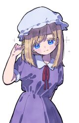 Rule 34 | 1girl, blonde hair, blue eyes, blush, closed mouth, collared dress, dress, hat, highres, maribel hearn, medium hair, mob cap, nama udon, purple dress, red ribbon, ribbon, short sleeves, simple background, solo, touhou, upper body, white background, white hat