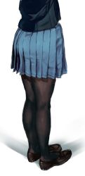Rule 34 | 1girl, black pantyhose, blue skirt, brown footwear, commentary request, from behind, highres, hundred brazil, kneepits, legs, loafers, lower body, original, pantyhose, pleated skirt, school uniform, shadow, shoes, simple background, skirt, solo, standing, thighs, white background