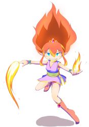 Rule 34 | 1girl, blue eyes, boots, fang, fire, flare (panel de pon), jewelry, mouth hold, nintendo, panel de pon, pointy ears, red hair, teeth hold, white background