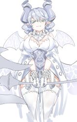 Rule 34 | 1girl, breasts, cleavage, demon girl, demon wings, detached collar, duel monster, earrings, female focus, grey eyes, grey hair, highres, holding, holding weapon, jewelry, large breasts, looking at viewer, lovely labrynth of the silver castle, low wings, nernnernneru, pointy ears, short hair, tagme, transparent wings, weapon, wings, yu-gi-oh!