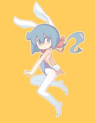 Rule 34 | 1girl, animal ears, bare shoulders, blue eyes, blue hair, blue leotard, bob cut, closed mouth, constanze amalie von braunschbank-albrechtsberger, cowlick, dot nose, fake animal ears, fake tail, flat chest, from side, full body, hair between eyes, hair ribbon, highres, leotard, light blush, little witch academia, looking at viewer, medium hair, no pupils, orenji (wholesomeorenji), outline, outstretched arm, pantyhose, playboy bunny, rabbit ears, rabbit tail, red ribbon, ribbon, short eyebrows, simple background, solo, straight hair, tail, thick eyebrows, wavy mouth, white outline, white pantyhose, yellow background