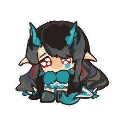 Rule 34 | 1girl, antlers, arknights, black hair, chibi, chinese commentary, commentary request, dragon girl, dragon tail, dusk (arknights), full body, fur-tipped tail, horns, long hair, looking at viewer, pointy ears, red eyes, shinra 18, simple background, sitting, solo, tail, white background