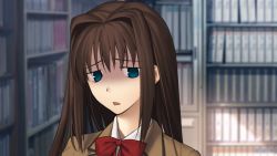 Rule 34 | 1girl, aozaki aoko, blue eyes, brown hair, downcast eyes, hair intakes, library, long hair, mahou tsukai no yoru, non-web source, school uniform, solo