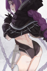 Rule 34 | 1girl, armor, ass, backless leotard, black capelet, black cloak, black gloves, black leotard, braid, braided ponytail, butt crack, capelet, chain, cloak, fate/grand order, fate (series), female focus, from behind, gloves, headband, highres, hood, leotard, long braid, long hair, looking back, matching hair/eyes, medusa (fate), medusa (lancer) (fate), ne.corn, open mouth, own hands together, purple eyes, purple hair, rider, smile, solo, thighhighs, thighs, very long hair, white thighhighs