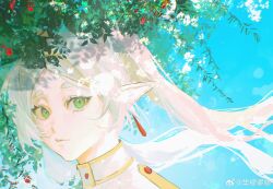 Rule 34 | 1girl, absurdres, blue sky, branch, close-up, closed mouth, earrings, elf, floating hair, flower, frieren, green eyes, high collar, highres, hua mou, jewelry, long hair, looking at viewer, pointy ears, shadow, sky, solo, sousou no frieren, twintails, weibo watermark, white hair