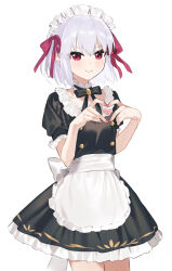 Rule 34 | 1girl, apron, black bow, black bowtie, black dress, blush, bow, bowtie, buttons, closed mouth, commentary, detached collar, dress, fate/grand order, fate/grand order arcade, fate (series), fingernails, frills, hair between eyes, heart, heart hands, highres, kama (fate), kama (mistake) (fate), looking at viewer, maid, maid headdress, neck ribbon, pink nails, pink ribbon, puffy short sleeves, puffy sleeves, red eyes, ribbon, rizu033, short hair, short sleeves, simple background, smile, solo, waist apron, white apron, white background, white hair
